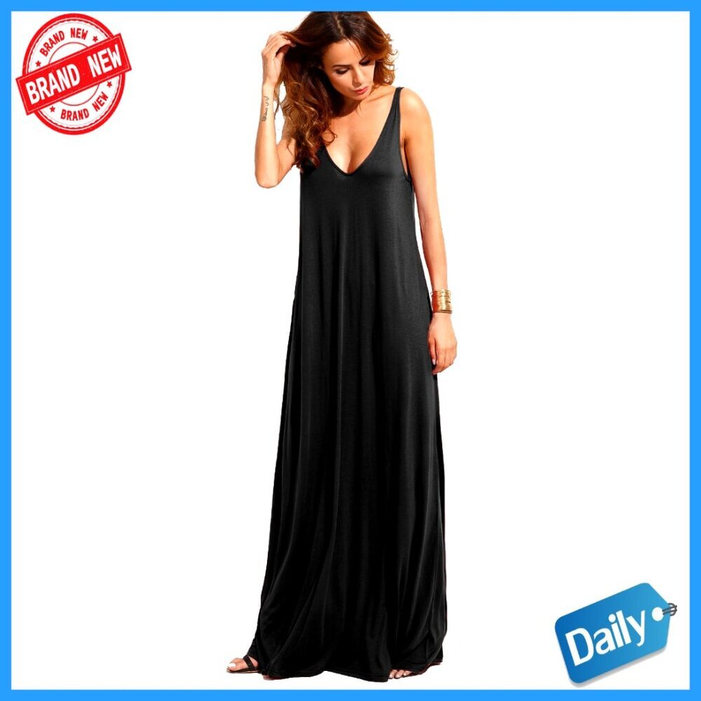 Sleeveless V-Neck Maxi Dress, Loose Fit, Rayon Blend, Beach Casual